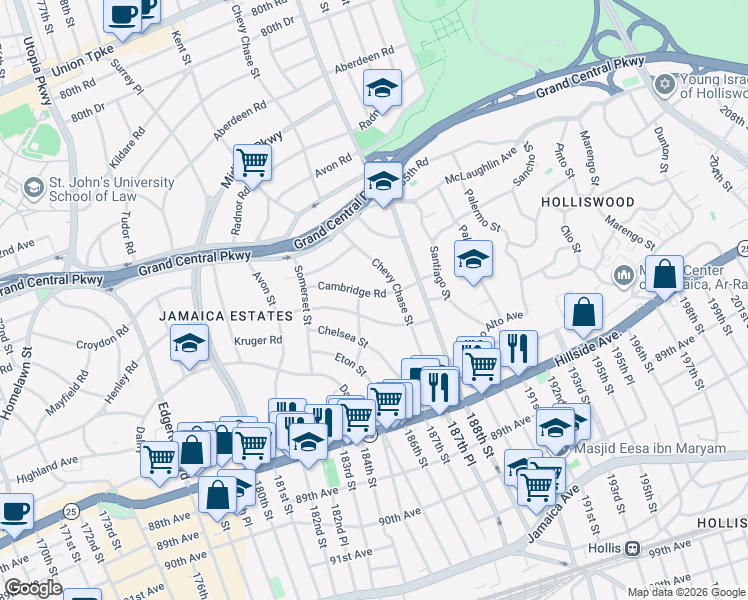 map of restaurants, bars, coffee shops, grocery stores, and more near 186-18 Cambridge Road in Queens