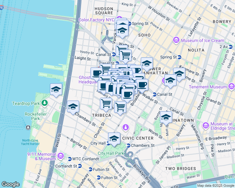 map of restaurants, bars, coffee shops, grocery stores, and more near 100 Franklin Street in New York