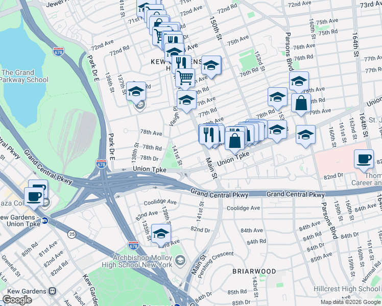 map of restaurants, bars, coffee shops, grocery stores, and more near 141-21 78th Road in Queens