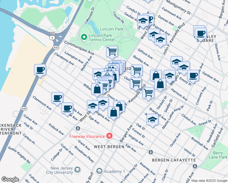 map of restaurants, bars, coffee shops, grocery stores, and more near 115 Lexington Avenue in Jersey City