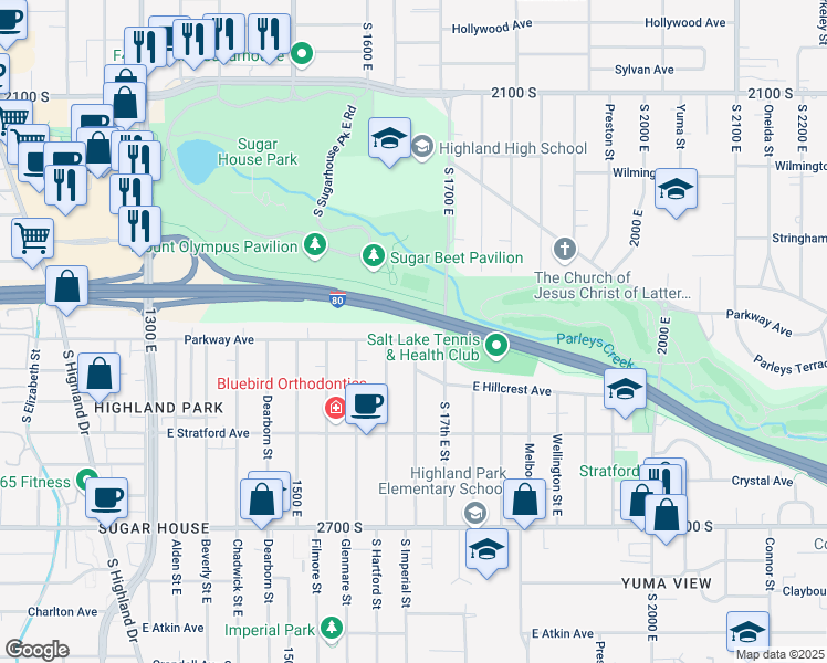 map of restaurants, bars, coffee shops, grocery stores, and more near 1645 East Parkway Avenue in Salt Lake City