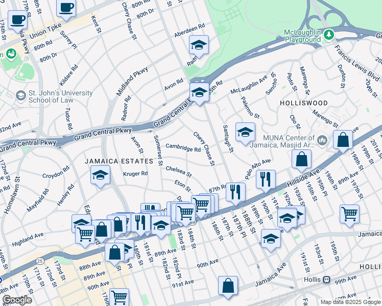 map of restaurants, bars, coffee shops, grocery stores, and more near 186-11 Cambridge Road in Queens