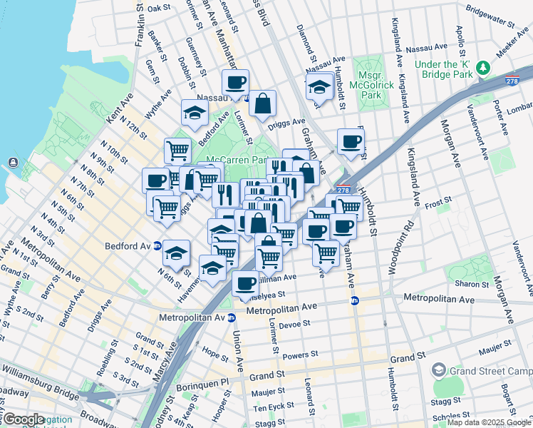 map of restaurants, bars, coffee shops, grocery stores, and more near 61 Bayard Street in Brooklyn