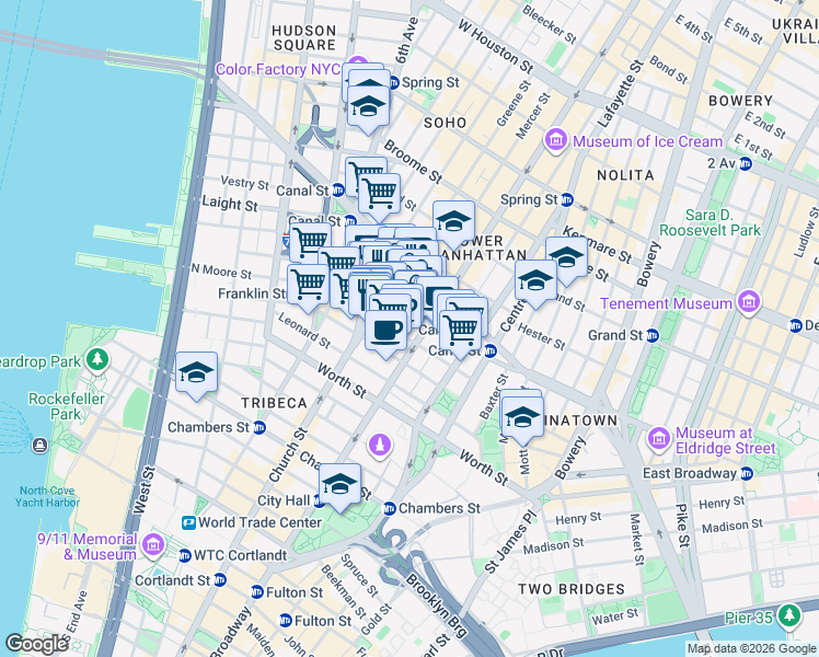 map of restaurants, bars, coffee shops, grocery stores, and more near 39 Walker Street in New York
