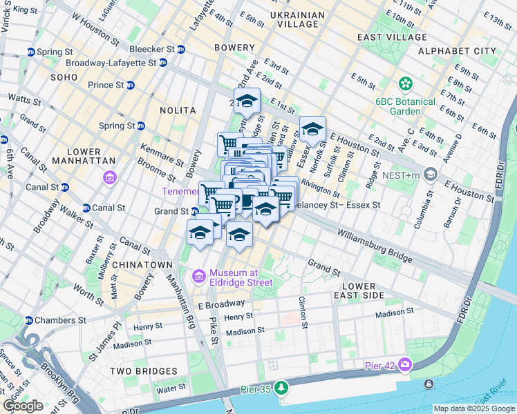 map of restaurants, bars, coffee shops, grocery stores, and more near 117 Orchard Street in New York