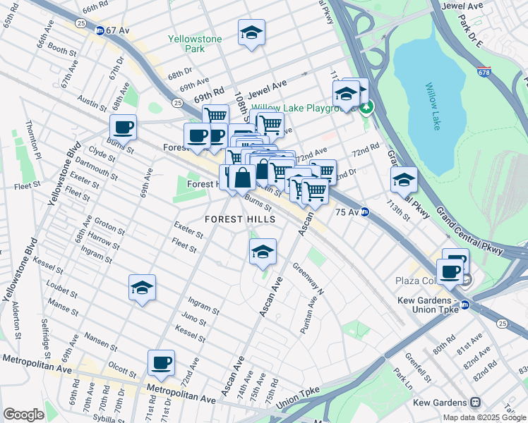 map of restaurants, bars, coffee shops, grocery stores, and more near 45 Burns Street in Queens