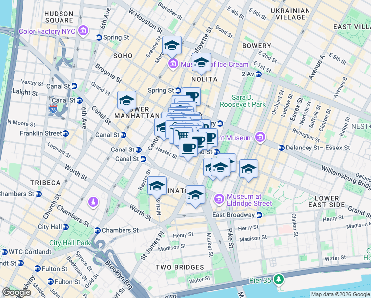 map of restaurants, bars, coffee shops, grocery stores, and more near 203 Grand Street in New York