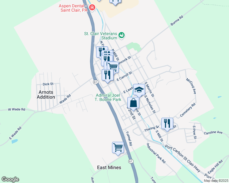 map of restaurants, bars, coffee shops, grocery stores, and more near 39 South 3rd Street in Saint Clair