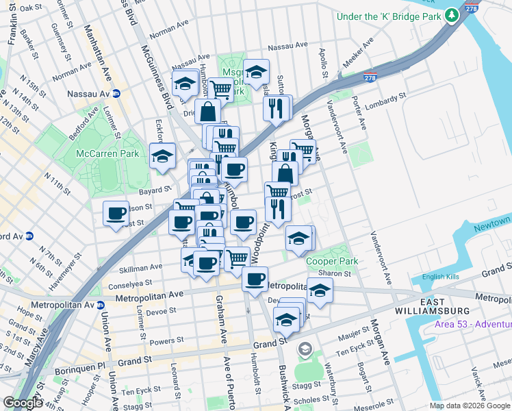 map of restaurants, bars, coffee shops, grocery stores, and more near 223 Frost Street in Brooklyn