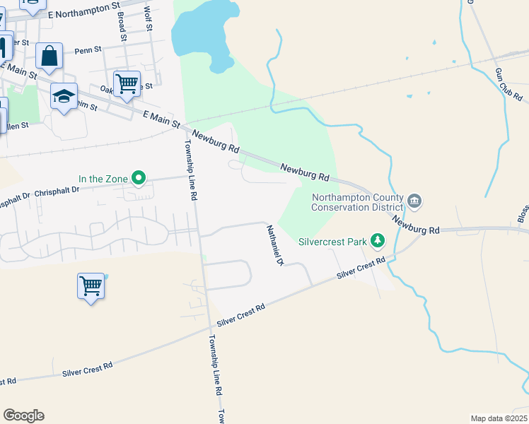 map of restaurants, bars, coffee shops, grocery stores, and more near 3369 Rising Sun Court in Nazareth