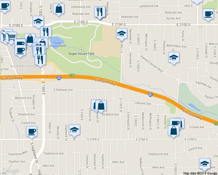 map of restaurants, bars, coffee shops, grocery stores, and more near 1627 East Parkway Avenue in Salt Lake City