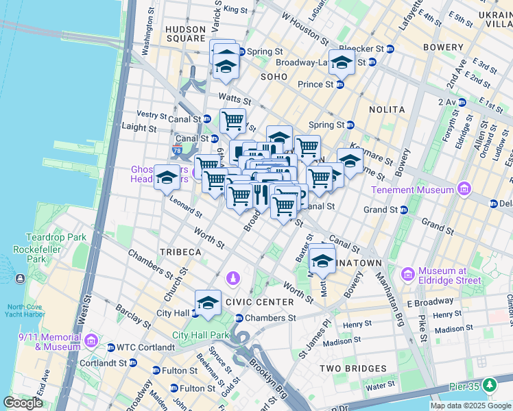 map of restaurants, bars, coffee shops, grocery stores, and more near 407 Broadway in New York