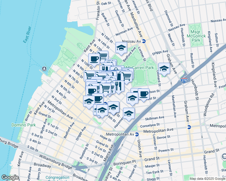 map of restaurants, bars, coffee shops, grocery stores, and more near 460 Driggs Avenue in Brooklyn