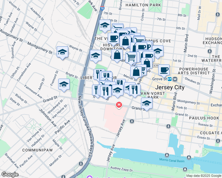 map of restaurants, bars, coffee shops, grocery stores, and more near 420 Grand Street in Jersey City