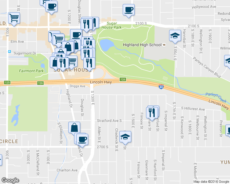 map of restaurants, bars, coffee shops, grocery stores, and more near 1405 Parkway Avenue South in Salt Lake City
