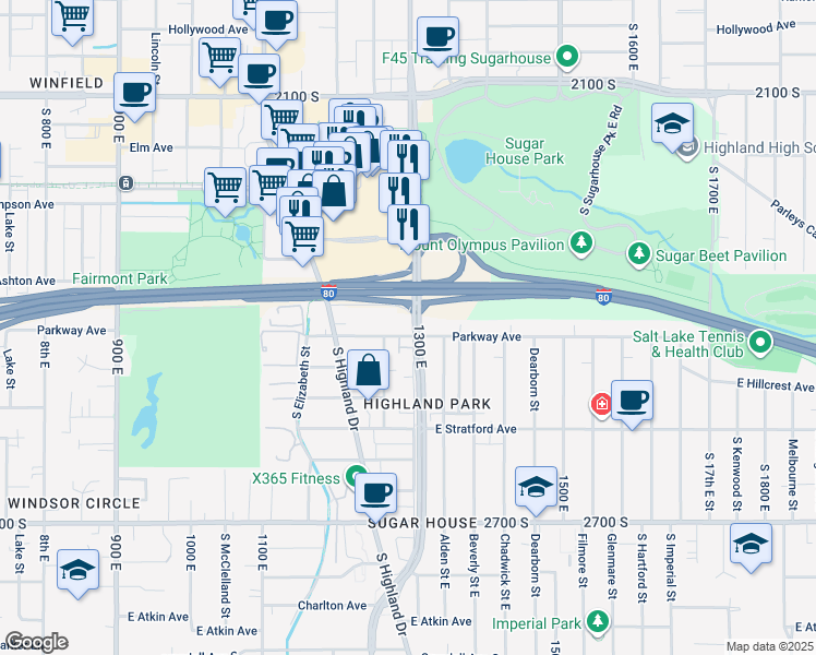 map of restaurants, bars, coffee shops, grocery stores, and more near 1307 Parkway Avenue South in Salt Lake City