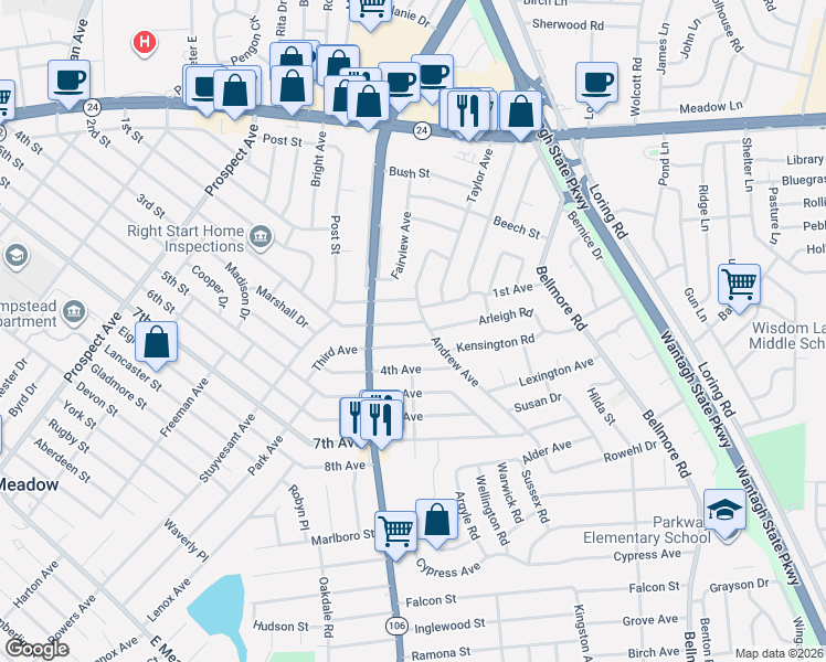 map of restaurants, bars, coffee shops, grocery stores, and more near 2503 2nd Avenue in East Meadow
