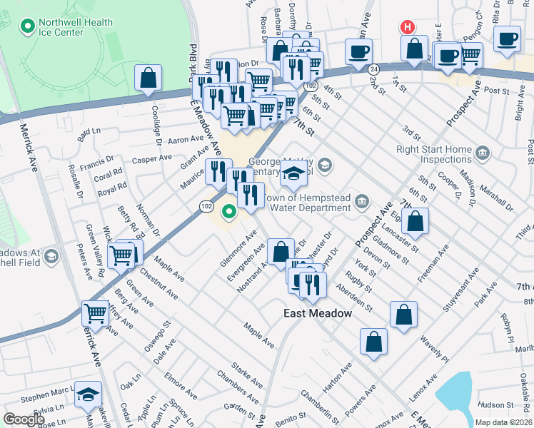 map of restaurants, bars, coffee shops, grocery stores, and more near 1898 Lincoln Avenue in East Meadow