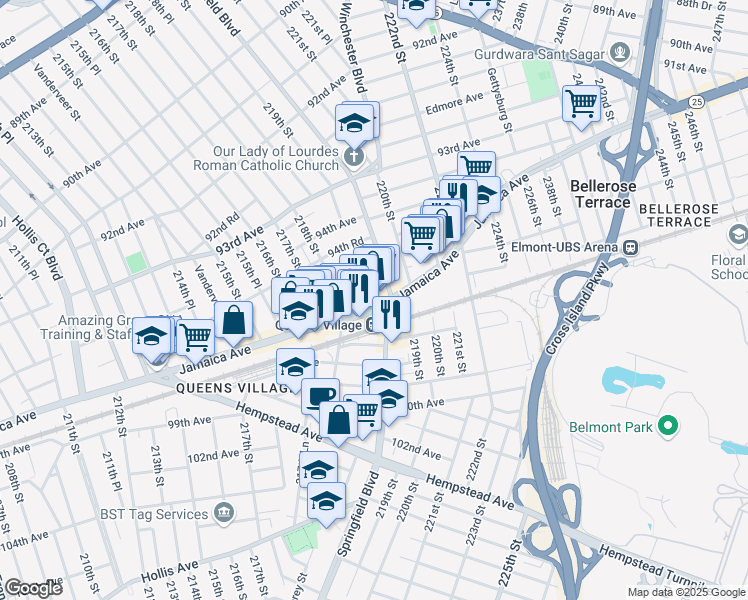 map of restaurants, bars, coffee shops, grocery stores, and more near 94-76 Springfield Boulevard in Queens