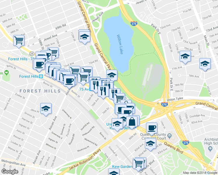 map of restaurants, bars, coffee shops, grocery stores, and more near 75-24 Grand Central Parkway in Queens