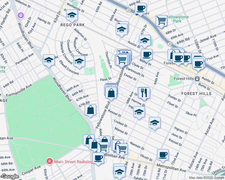 map of restaurants, bars, coffee shops, grocery stores, and more near 67-18 Groton Street in Queens