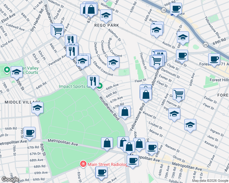 map of restaurants, bars, coffee shops, grocery stores, and more near 85-60 66th Avenue in Queens