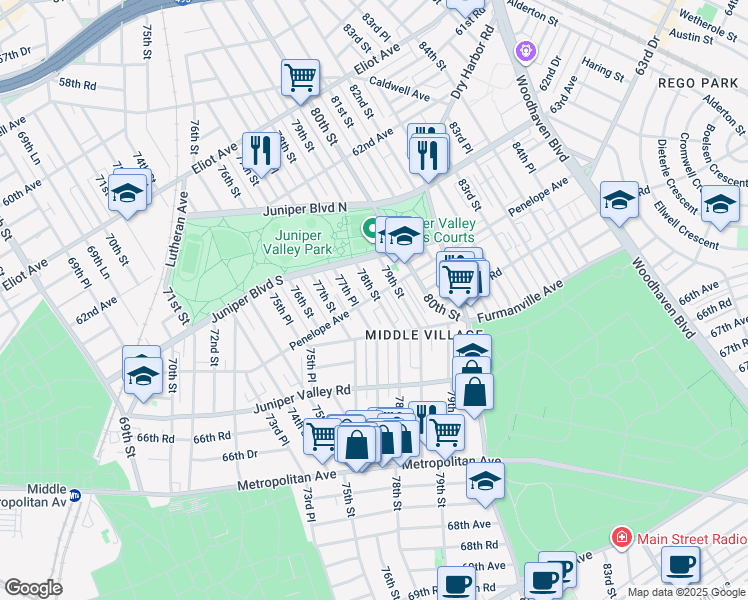 map of restaurants, bars, coffee shops, grocery stores, and more near 63-61 78th Street in Queens