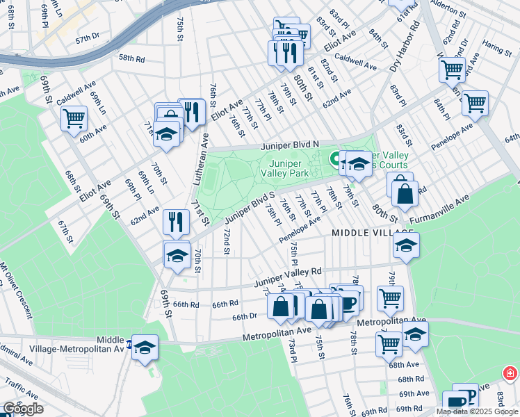 map of restaurants, bars, coffee shops, grocery stores, and more near 75-28 Juniper Boulevard South in Queens