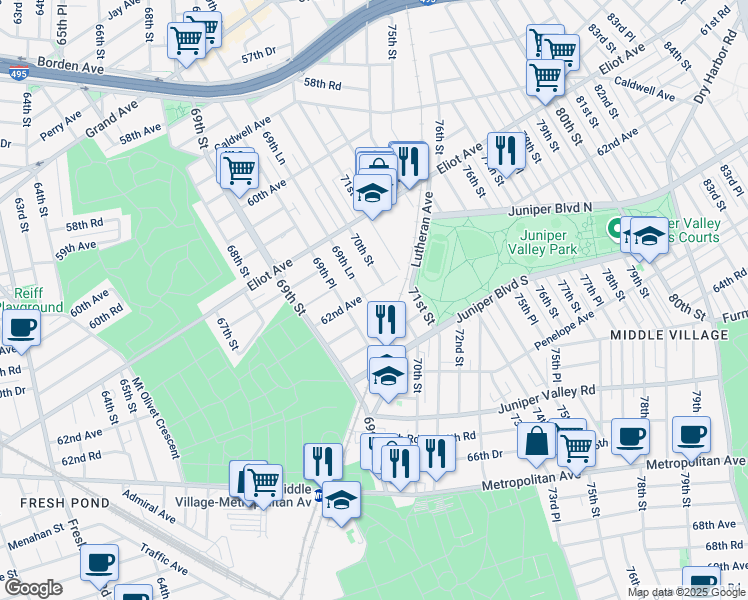 map of restaurants, bars, coffee shops, grocery stores, and more near 61-72 70th Street in Queens