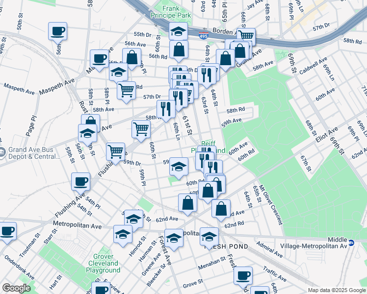 map of restaurants, bars, coffee shops, grocery stores, and more near 59-08 61st Street in Queens