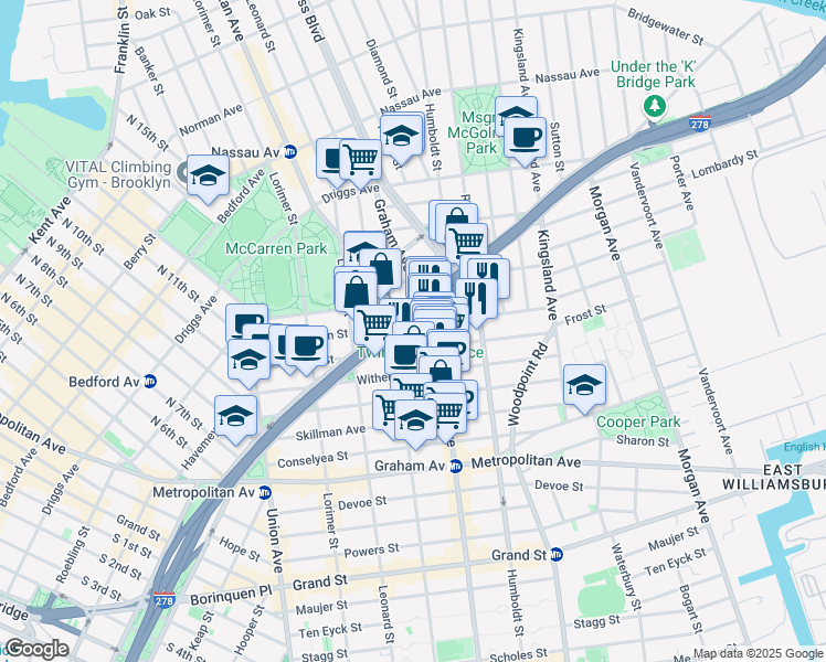 map of restaurants, bars, coffee shops, grocery stores, and more near in Brooklyn