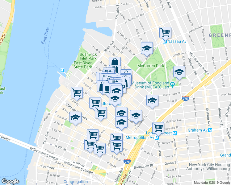 map of restaurants, bars, coffee shops, grocery stores, and more near 141 North 8th Street in Brooklyn