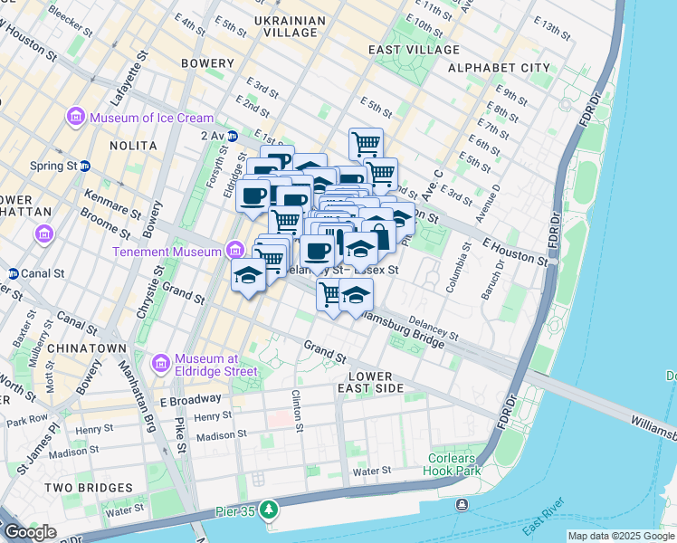 map of restaurants, bars, coffee shops, grocery stores, and more near 42 Clinton Street in New York