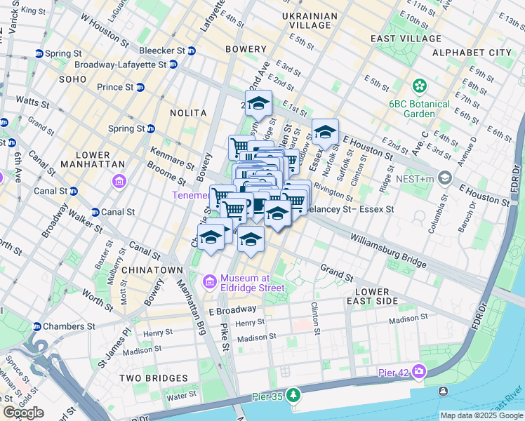 map of restaurants, bars, coffee shops, grocery stores, and more near 117 Orchard Street in New York