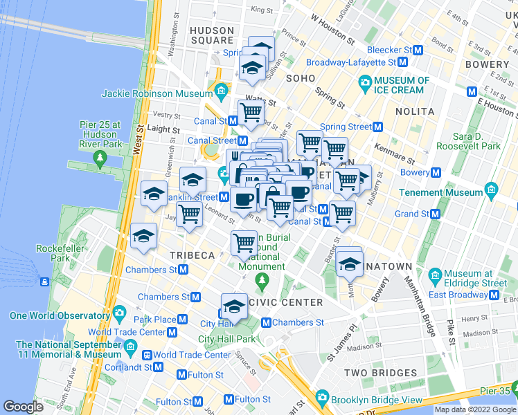 map of restaurants, bars, coffee shops, grocery stores, and more near 39 Walker Street in New York