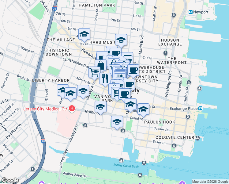 map of restaurants, bars, coffee shops, grocery stores, and more near 49 Wayne Street in Jersey City