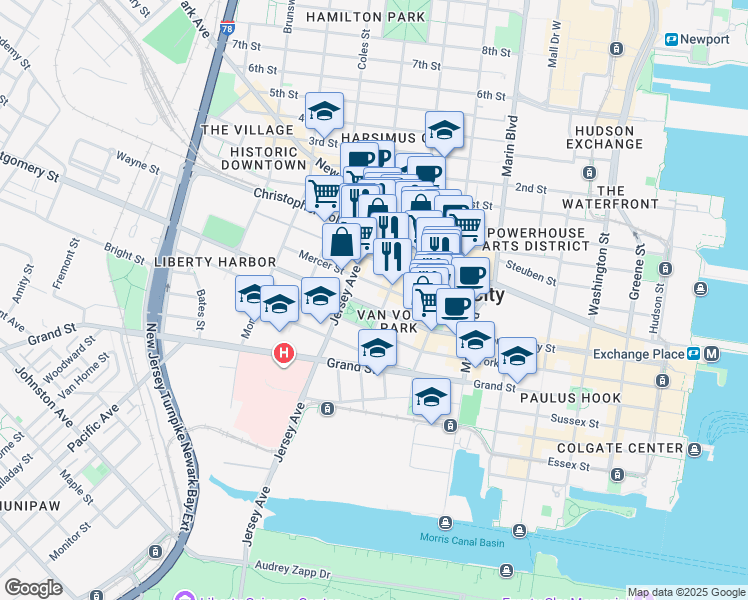 map of restaurants, bars, coffee shops, grocery stores, and more near in Jersey City