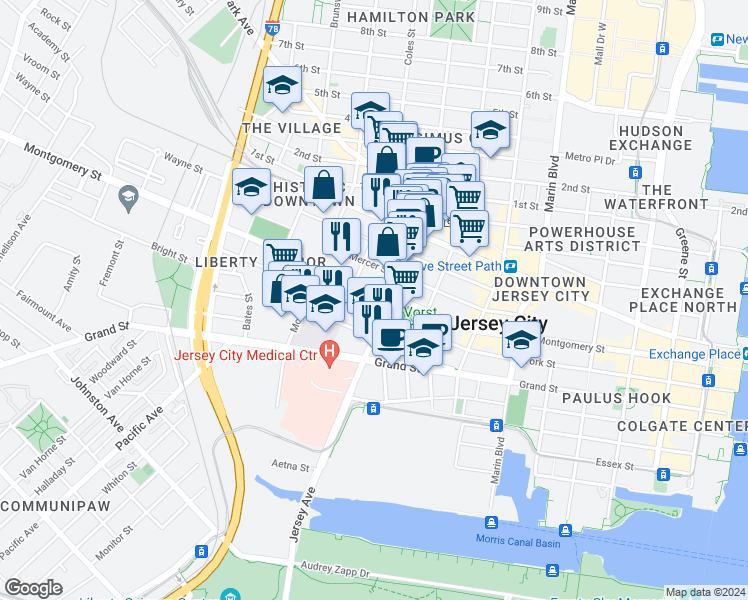 map of restaurants, bars, coffee shops, grocery stores, and more near 304 Varick Street in Jersey City