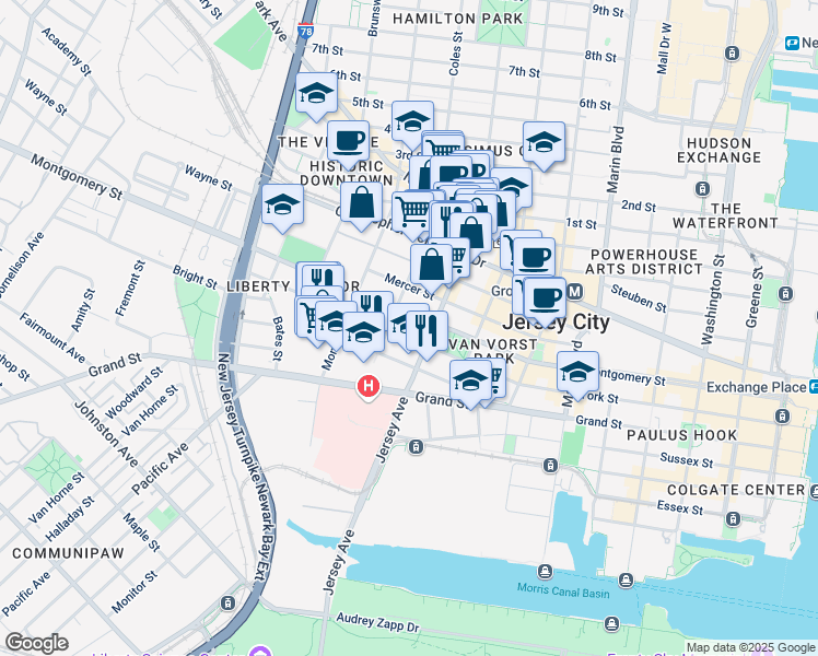 map of restaurants, bars, coffee shops, grocery stores, and more near 304 Varick Street in Jersey City