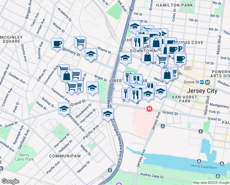 map of restaurants, bars, coffee shops, grocery stores, and more near 40 Center Street in Jersey City
