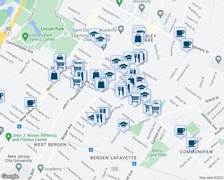 map of restaurants, bars, coffee shops, grocery stores, and more near 532 Bergen Avenue in Jersey City