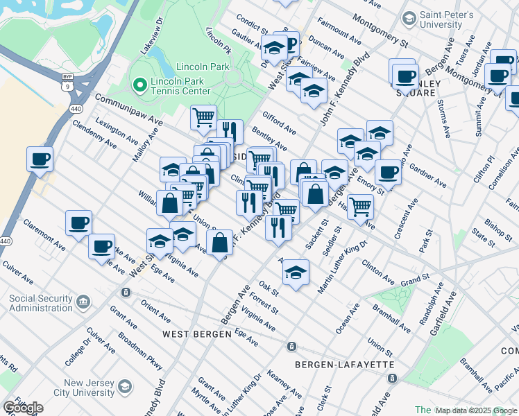 map of restaurants, bars, coffee shops, grocery stores, and more near 193 Clinton Avenue in Jersey City
