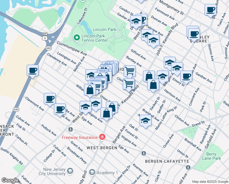 map of restaurants, bars, coffee shops, grocery stores, and more near 115 Lexington Avenue in Jersey City
