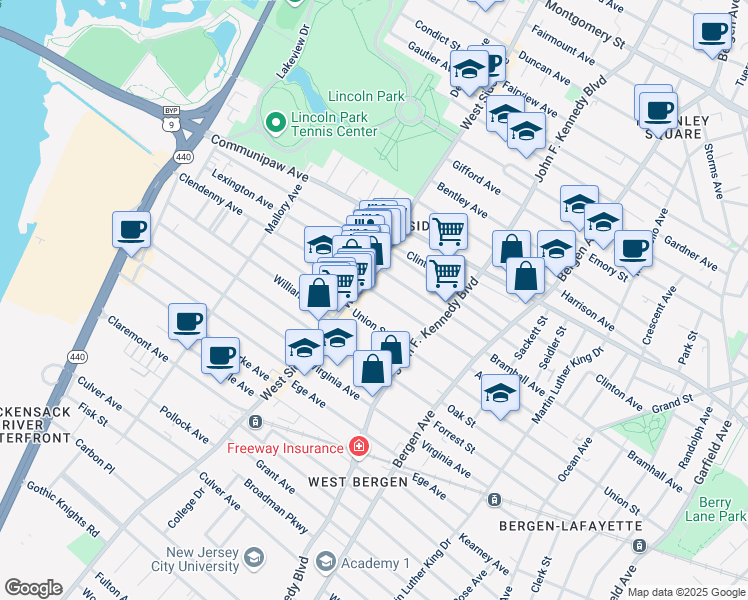 map of restaurants, bars, coffee shops, grocery stores, and more near 115 Lexington Avenue in Jersey City