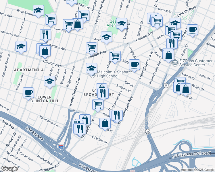 map of restaurants, bars, coffee shops, grocery stores, and more near 115 Elizabeth Avenue in Newark