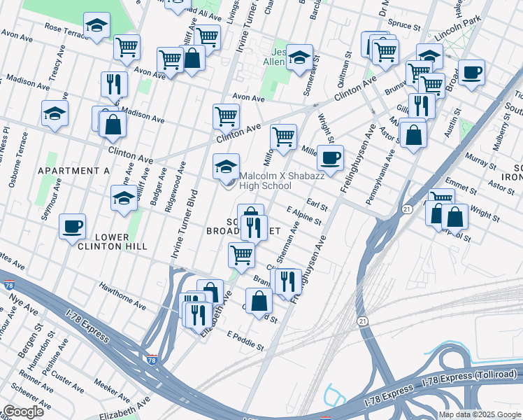 map of restaurants, bars, coffee shops, grocery stores, and more near 115 Elizabeth Avenue in Newark