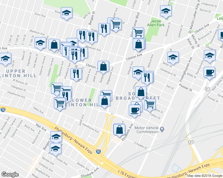 map of restaurants, bars, coffee shops, grocery stores, and more near 134 Ridgewood Avenue in Newark