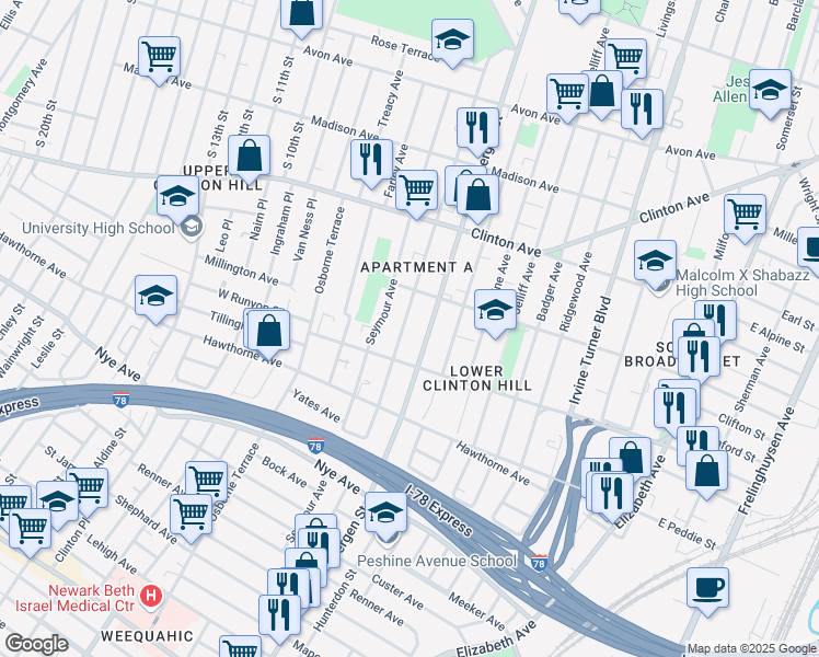 map of restaurants, bars, coffee shops, grocery stores, and more near 208 Chadwick Avenue in Newark