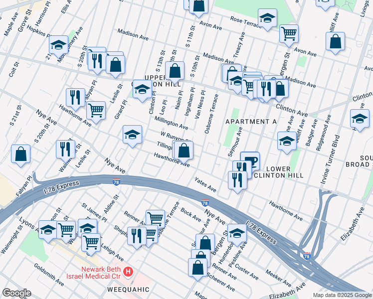 map of restaurants, bars, coffee shops, grocery stores, and more near 274 West Runyon Street in Newark