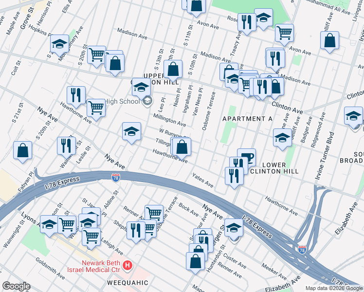 map of restaurants, bars, coffee shops, grocery stores, and more near 274 West Runyon Street in Newark